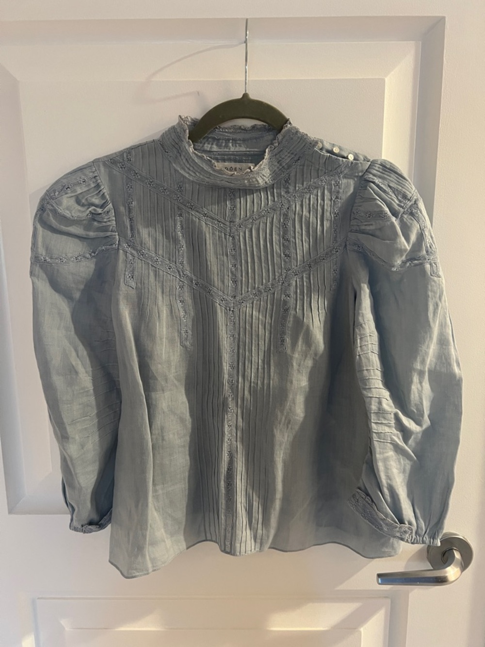 Dôen Victorian-Inspired Light Blue Pintuck Blouse